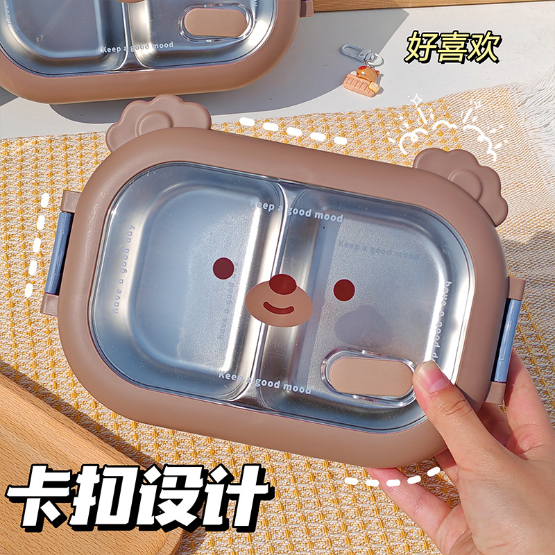 Cartoon Coffee Bear Fiambrera de almuerzo de acero inoxidable Estudiante oficinista Fiambrera aislada Fiambrera Portátil Bento Lote
