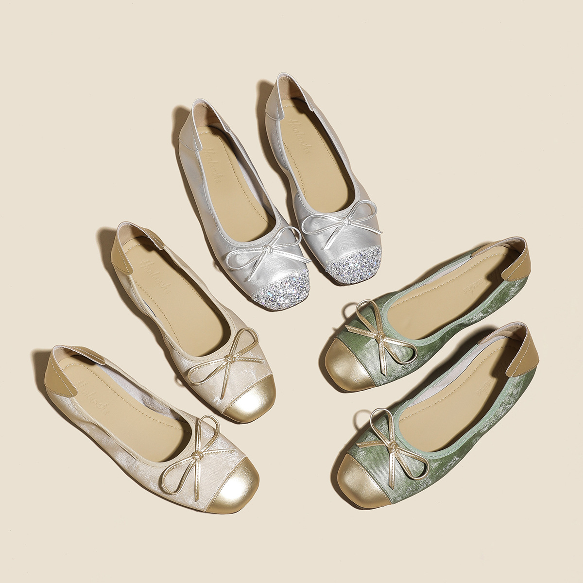 Tweed Style Ballet Women's French Flats Women's Flats Bow Granny Shoes Soft Sole Shallow Mouth Silver Mary Jane Shoes