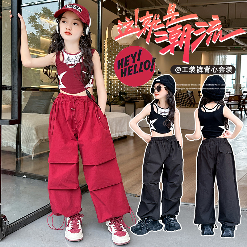 女童爵士舞服装漏脐工装裤套装女孩炸街走秀潮服少儿嘻哈街舞演出
