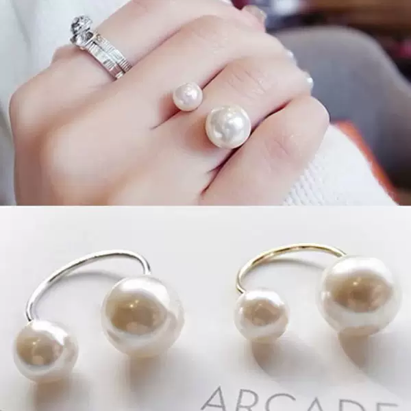 D006 Korean Large and Small Pearl Open Ring Korean Style Elegant Versatile Fashion Ring Joint Ring Tail Ring Accessories