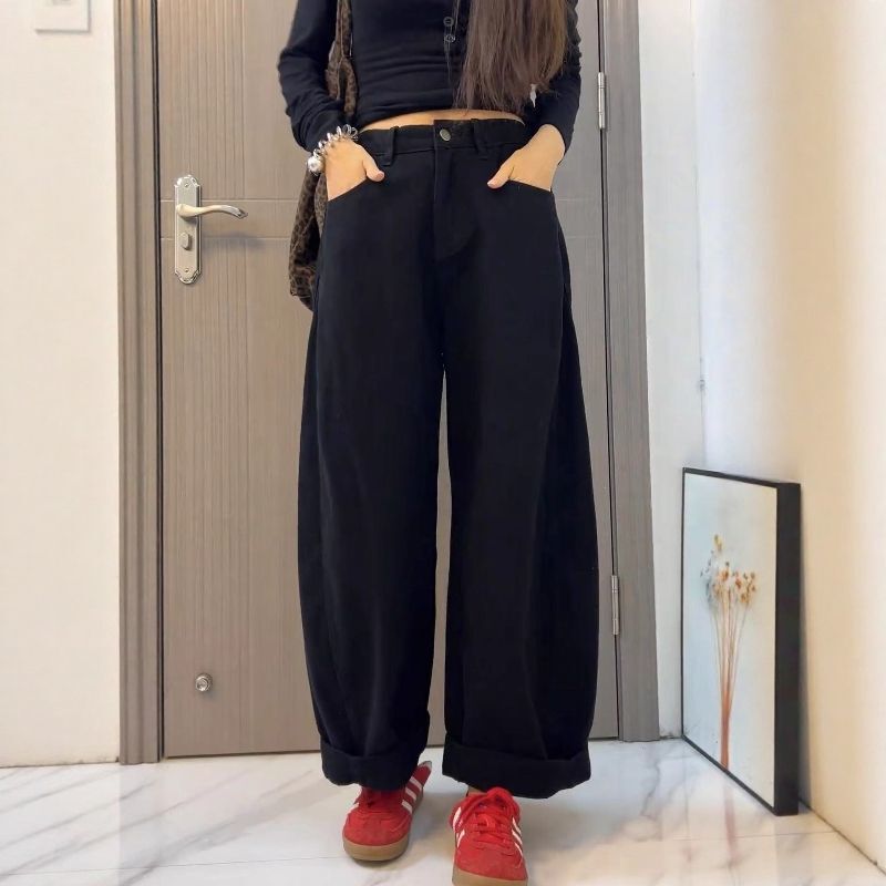 Vintage Curved Hem Jeans Spring 2026 New Style Plus Size for Curvy Figures High Waist Slimming Cropped Straight Pants
