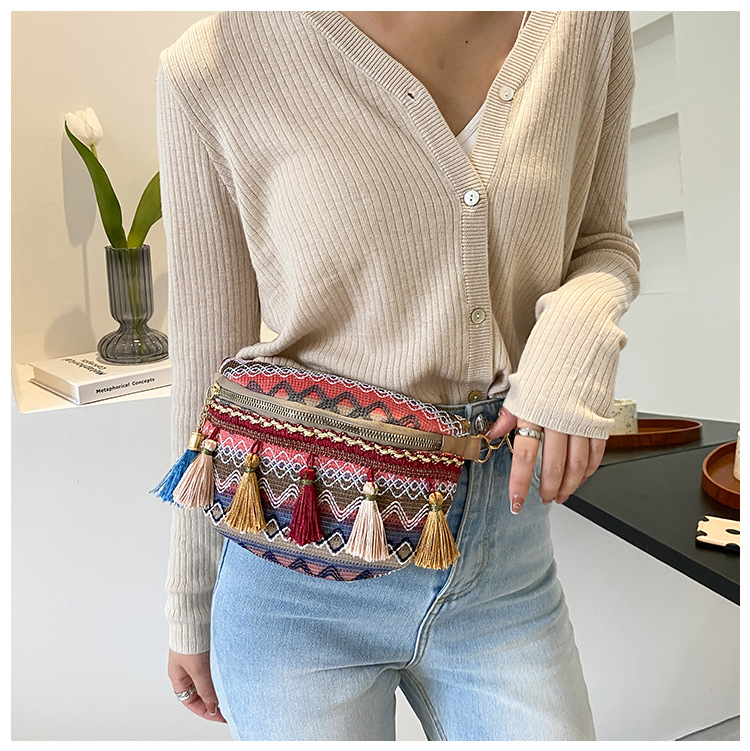 112g Weight Tassel, Weave, Sewing Thread Fashion Element Zipper Closure Type Single Shoulder Strap Strap Type Fanny Pack Bags Type Holiday, Daily Occasion cotton and linen Material Women's Backpack Backpack Waves Pattern All Seasons Season Women's Gender Ethnic Style Style Square Shape Women's Ethnic Style Waves Cotton And Linen Waist Bags 15