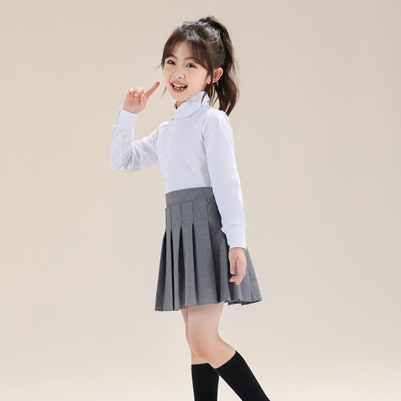 Traje de camisa blanca para niñas Camisa blanca de manga larga estilo universitario para niños Falda plisada Ropa de actuación de jardín de infantes para estudiantes de primaria