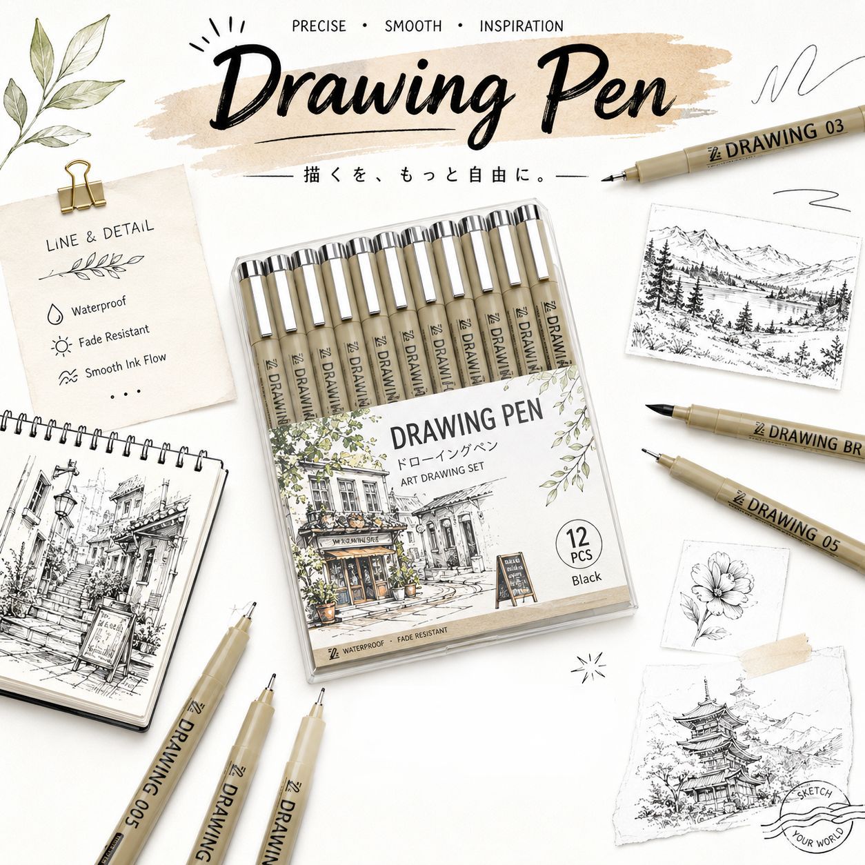 Cross-border best-selling drawing needle pen set for students, hand-drawn comic outlining quick-dry waterproof liner pen wholesale