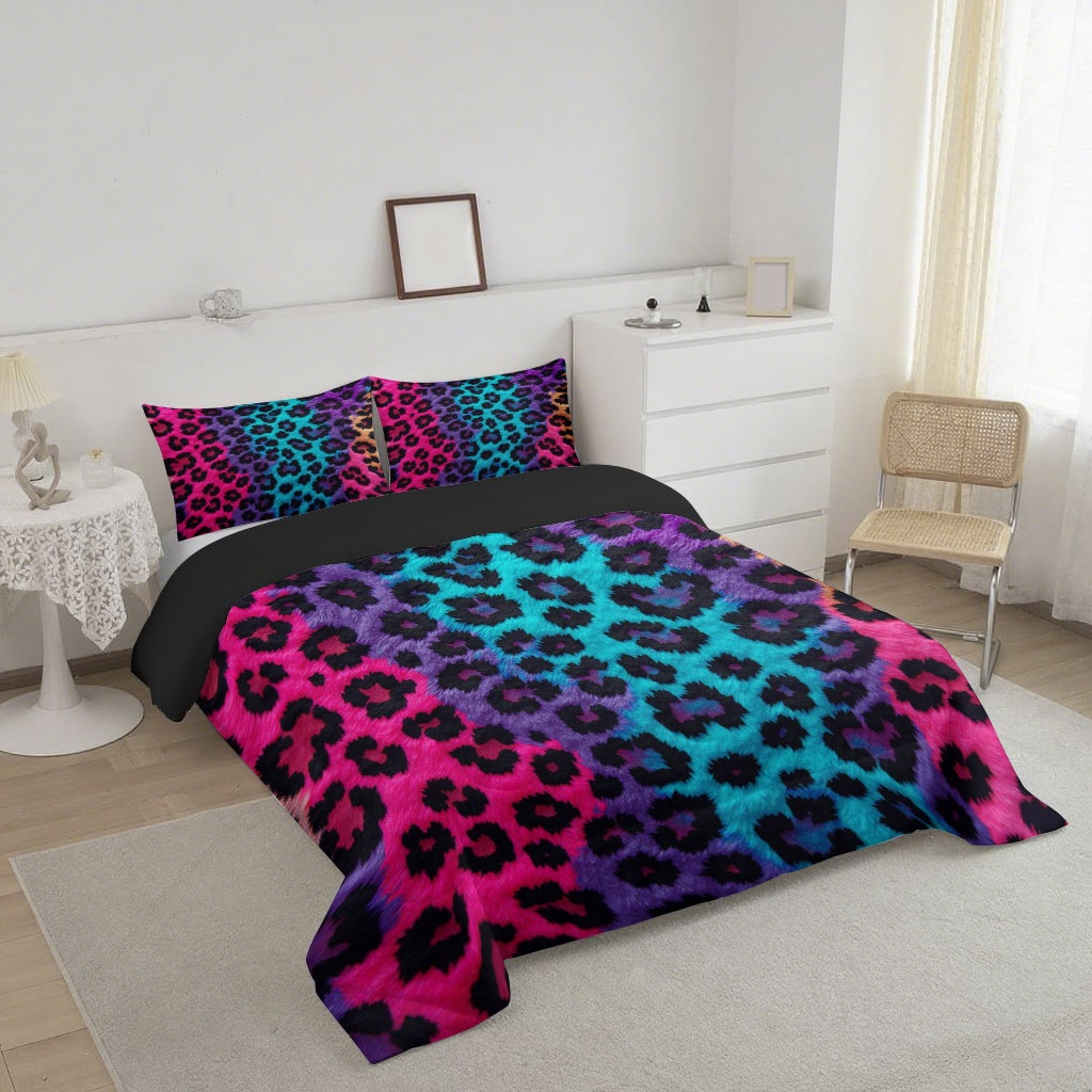 TEMU / JIT nuevo producto multicolor leopardo impresión digital HD 180gms edredón conjunto de ropa de cama