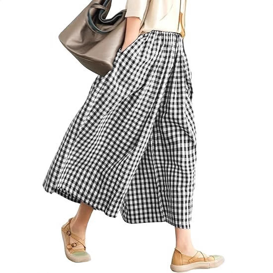 2025 Women Wide Leg Capris Pants Cotton Plaid Culottes Summer Elastic Waist Wide Leg Pants Bottoms with Pockets