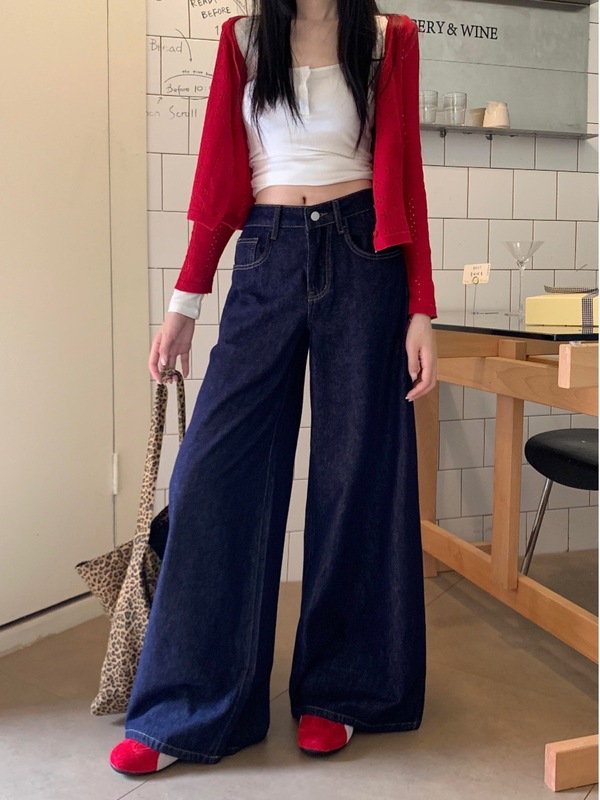 梨形身材深蓝色阔腿牛仔裤女秋季新胖妹妹mm高腰宽松显瘦拖地裤子|undefined