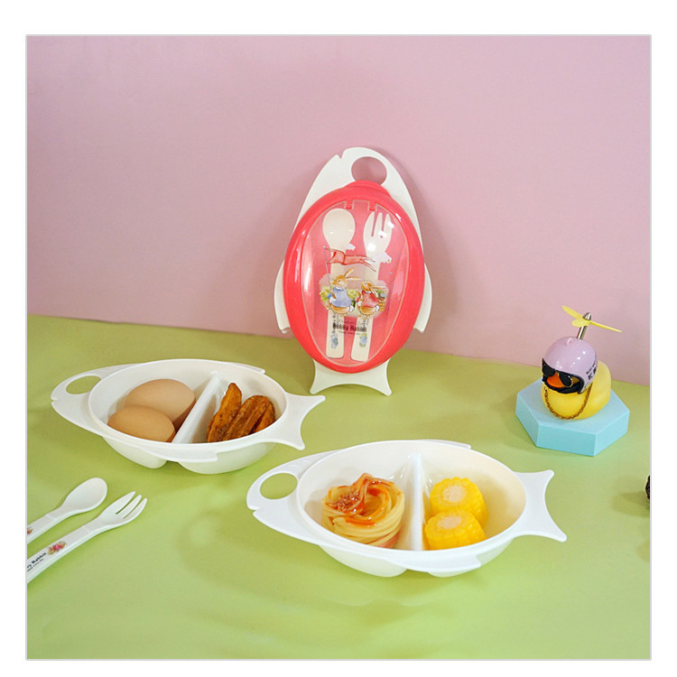 Fish-shaped compartment food supplement bowl children's cartoon plate household plastic lunch box eating bowl baby snack box with fork spoon