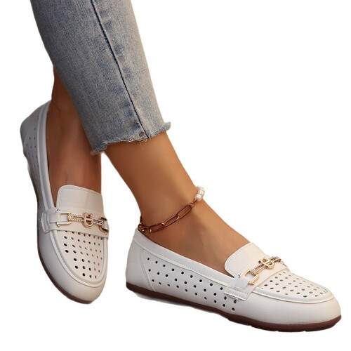 New spring and summer flat single-layer shoes, women's genuine leather hollow sandals, fashionable women's shoes, soft sole leather shoes, mother's shoes