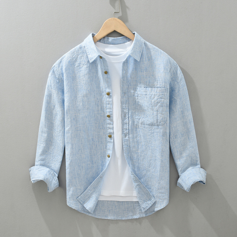 2408 Yarn-Dyed Breathable Pure Linen Casual Shirt Men's Spring Retro Square Collar Loose Cotton and Linen Top Jacket Trendy