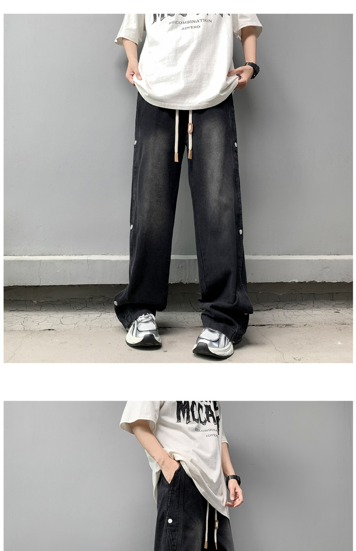 Retro Light Blue Men's Jeans High Street Hip Hop Stacked Design Straight Leg Loose Fit_viptrois.com