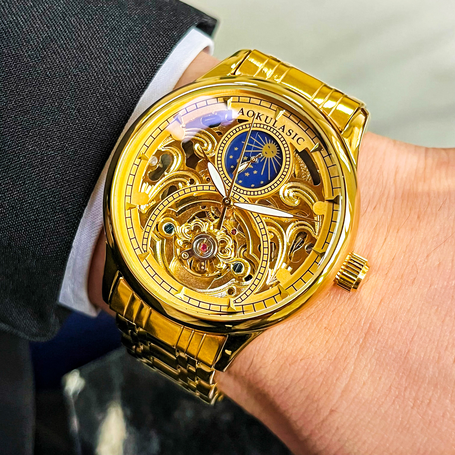 Augustus Noble Luxury Golden Hollow Fully Automatic Mechanical Watch High-End Moon Phase Multifunctional Men's Watch