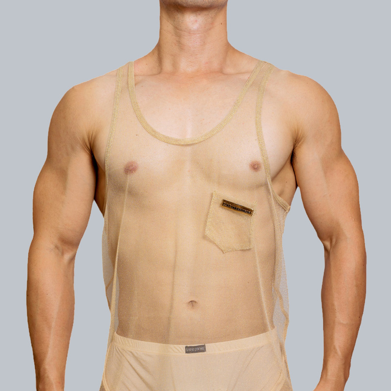 D.M men's vest polyester sexy mesh mesh thin breathable sexy camisole sleeveless gold silk bright summer