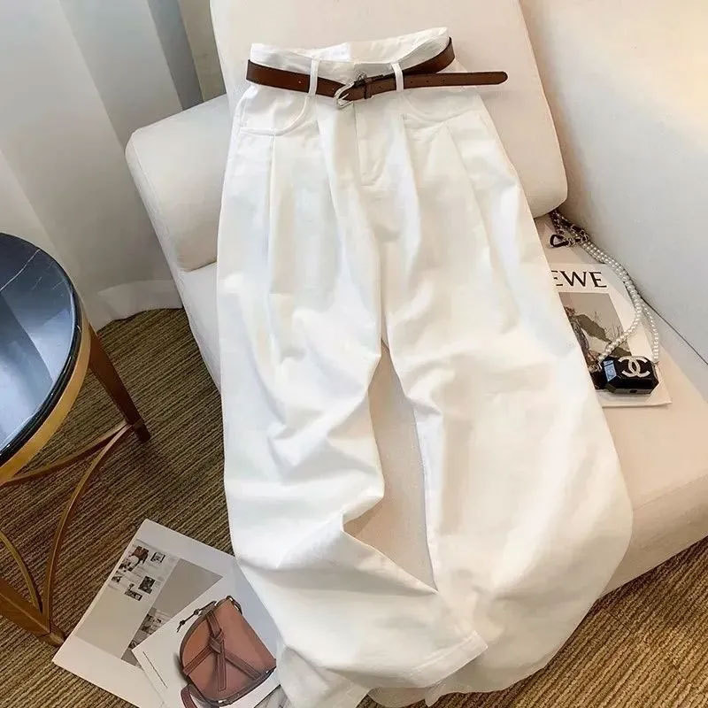 Petite Plus-Size White Denim Jeans for Women, Pleated Straight High-Waisted Wide-Leg Loose Pear-Shaped Floor-Length Pants