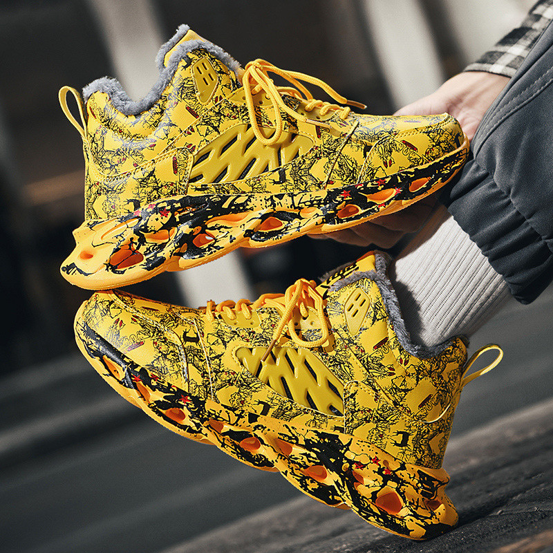 Cross-Border Winter New Fashion Graffiti Leather Plus Velvet Warm Casual Shoes Men's Non-Slip Wear-Resistant Sports Basketball Shoes