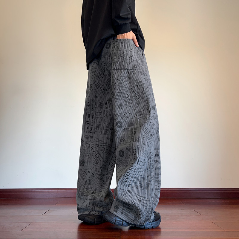 Pantalones de pierna de mecha de impresión completa, pantalones de invierno para hombres, pantalones casuales estadounidenses, tendencia retro, rectos y sueltos.