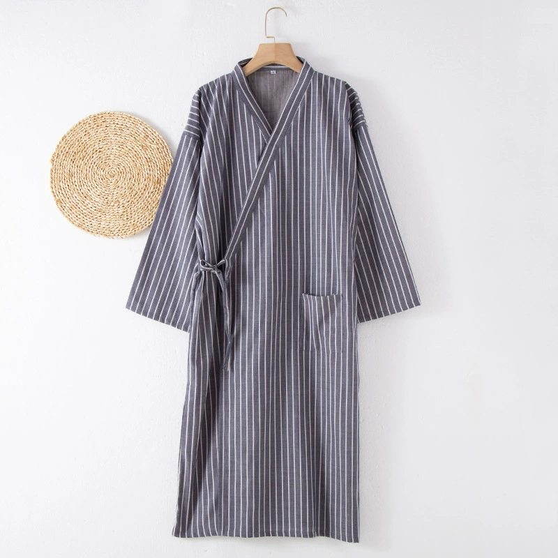 Japanese-Style Kimono Striped Nightgown Men'S Bathrobe Cotton And Linen Spring Autumn Wind Large Size Loose Tie Long Thin Robes pajama pants men's