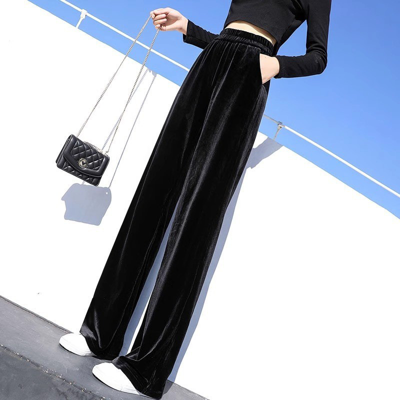 Velvet Wide-Leg Pants for Women, 2026 Spring New Style, High-End Black Slim-Fit Straight-Leg Pants for Petite Women