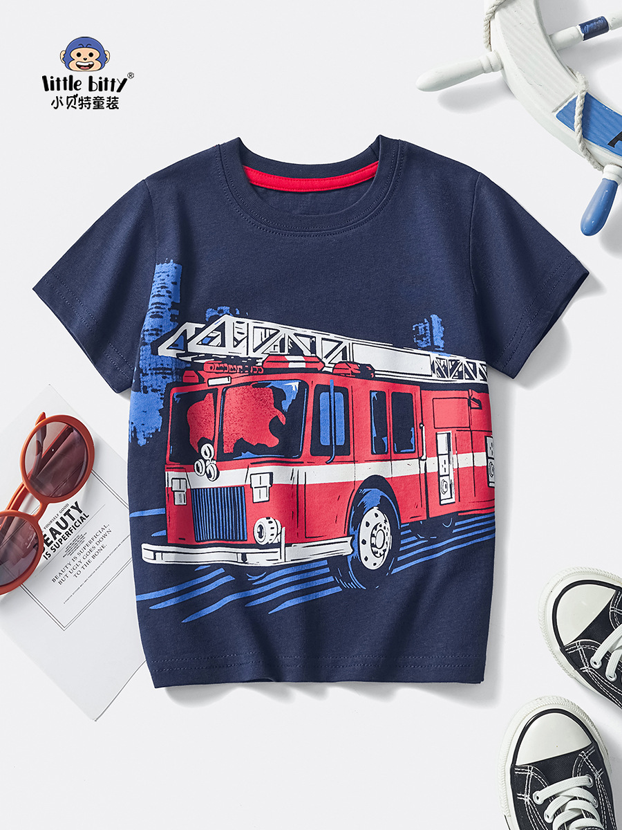 European and American children's clothing short sleeve 2025 children's T-shirt boy cartoon fire car car pattern summer half sleeve factory wholesale