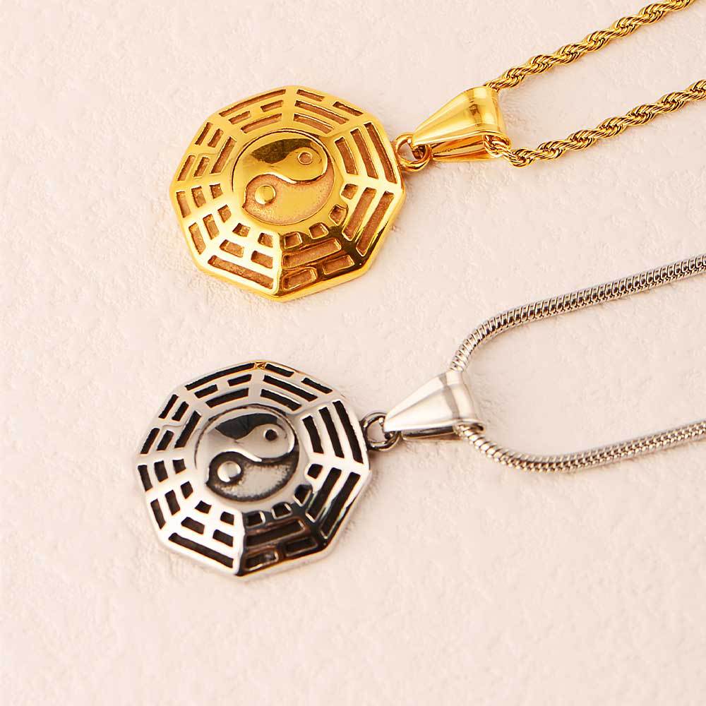 중국 레트로 목걸이 WUXING BAGUA TAIJI COMPASS 펜던트 유니섹스 티타늄 스틸 도금 18K 골드 액세서리
