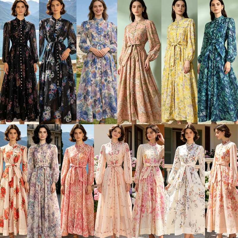 Vintage Printed Stand Collar Lantern Sleeve Long Sleeve Dress for Women, Summer Heavy Embellished Rhinestone Waist-Cinching Slimming Dress Vintage Printed Stand Collar Lantern Sleeve Long Sleeve Dress for Women, Summer Heavy Embellished Rhinestone Waist-Cinching Slimming Dress