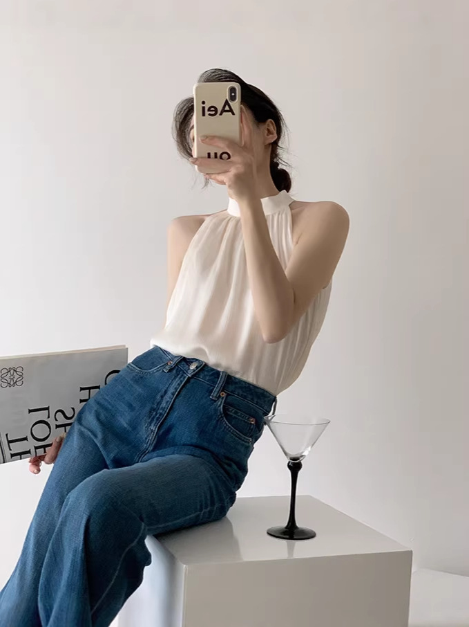 Áo sơ mi nữ chất liệu voan trắng kiểu Pháp, thiết kế cổ quàng hở vai — đen