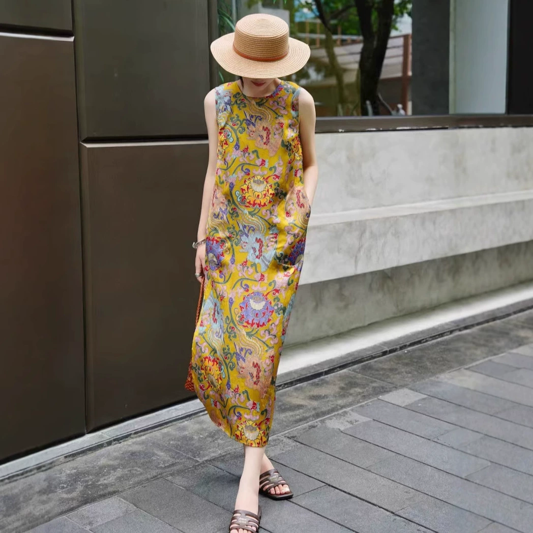 Летнее платье-жилет в китайском стиле ретро с принтом, элегантное длинное платье для светских львиц, 2025 г.