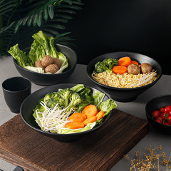 A5 Melamine Imitation Porcelain Black-Finish Bowl for Ramen, Japanese-Style Noodle Restaurant Use – Thickened, Threaded Design Perfect for Mala Tang or Snail Noodle Bowls