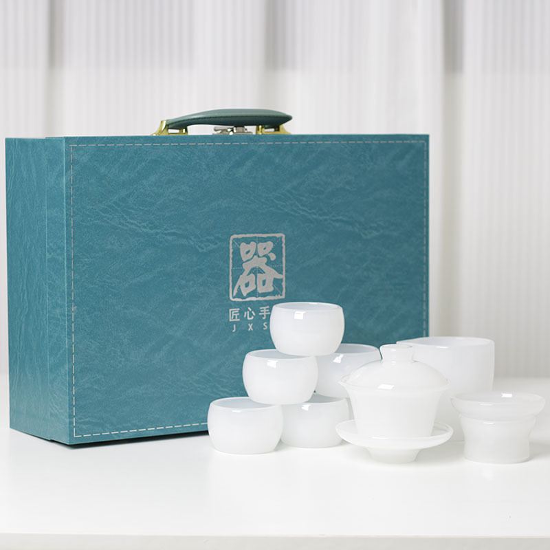 纯白色琉璃套装鸿运莲年茶具组合家用办公送礼玉瓷功夫盖碗礼盒装