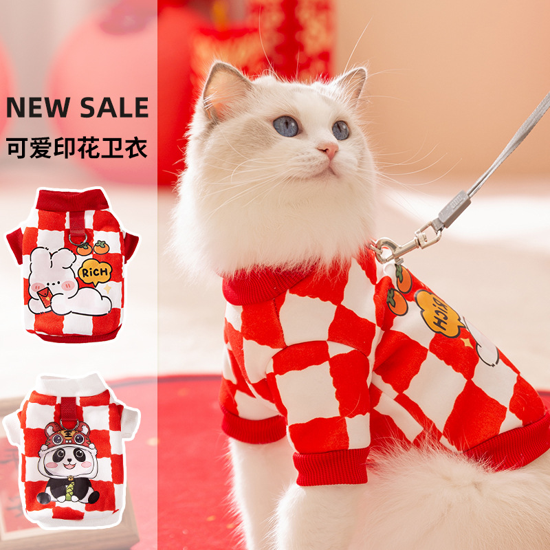 Fiestas rojas lindas impresión de Año Nuevo tracción suéter gato en casa festivo engrosado mascota ropa de gato al por mayor image 1
