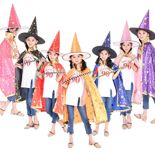 Halloween cloak children's performance costume little witch magician cosplay five-star cloak hat set