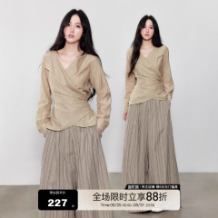 誉芝yuzhi 高级感交叉翻领上衣系带收腰设计收腰显瘦优雅气质长袖