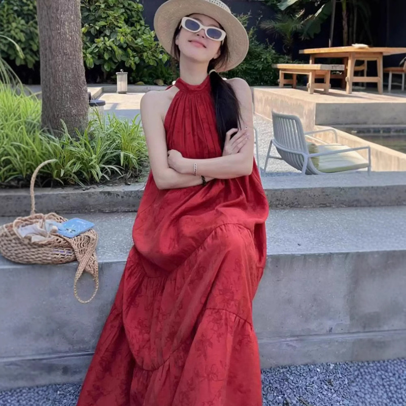 Xinjiang West Sichuan Desert Travel Skirt New Chinese Red Neck dress Women's Summer Holiday Loose Long Dress