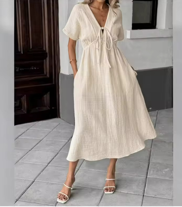 Elegant V-Neck Flowy Midi Dress - Soft Cotton Summer Dress For Women, Comfortable Loose Fit Casual & Office Wear (Available In 8 Colors)_ecoleips.com