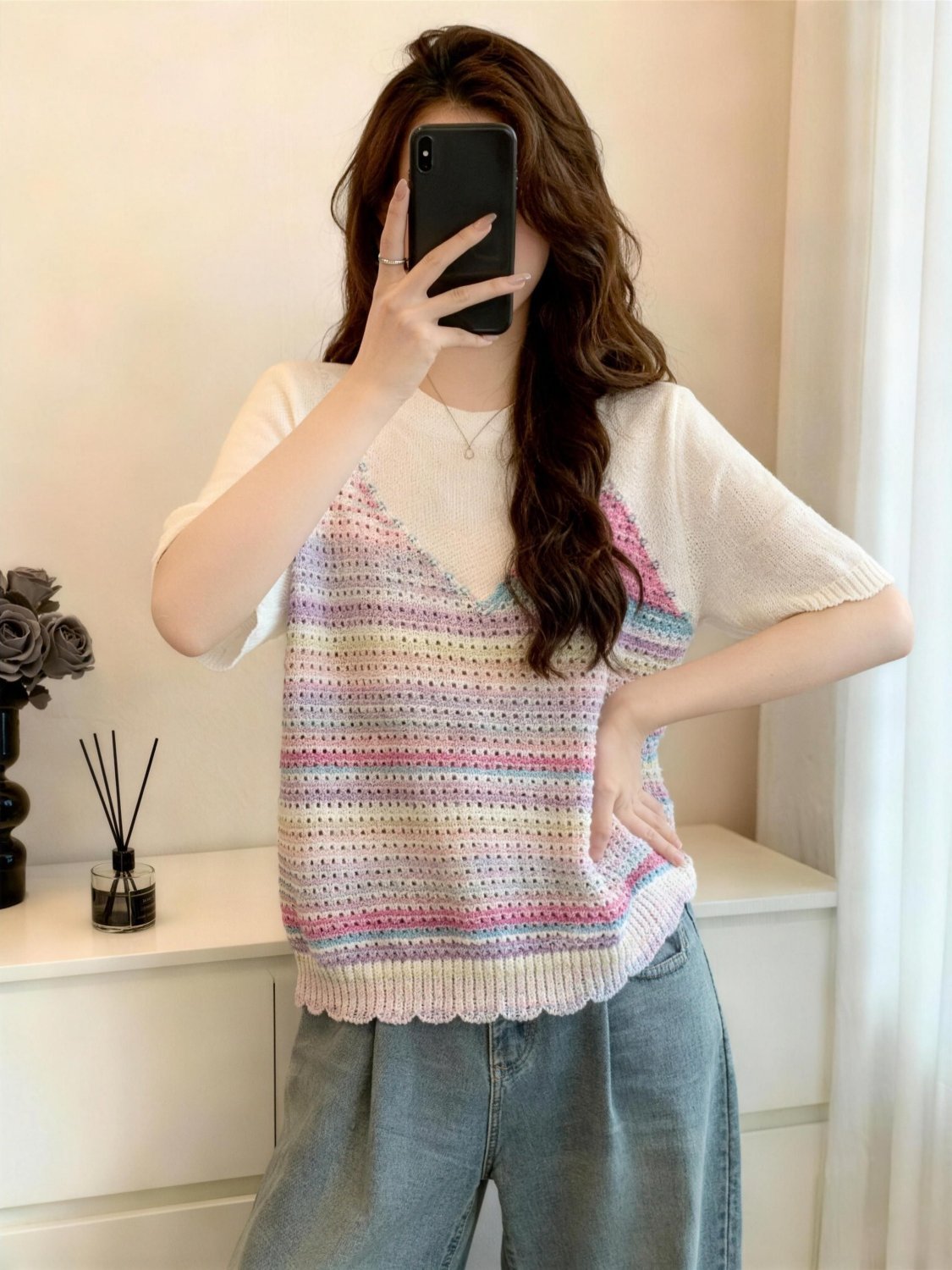 Áo thun nữ tay ngắn phối ren giả hai lớp dệt kim mềm mại — màu trắng