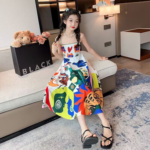 Girls retro ethnic style oil painting suspender dress children's summer seaside vacation beach dress sleeveless long dress trendy