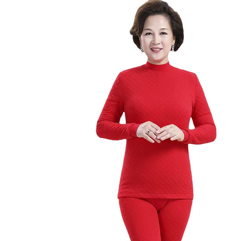 Nuevo tamaño grande de tres capas de algodón intercalado con ropa interior cálida, hombres y mujeres de mediana edad, pantalones de otoño gruesos de color sólido