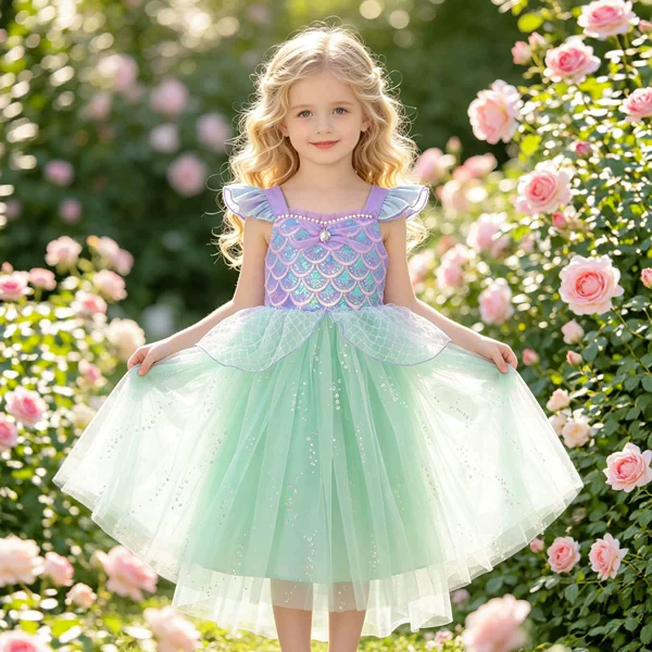 Girls Flying Sleeve Suspender Mesh Skirt Baby Girl Summer Sweet Sequin Performance Costume Mermaid Princess Dress