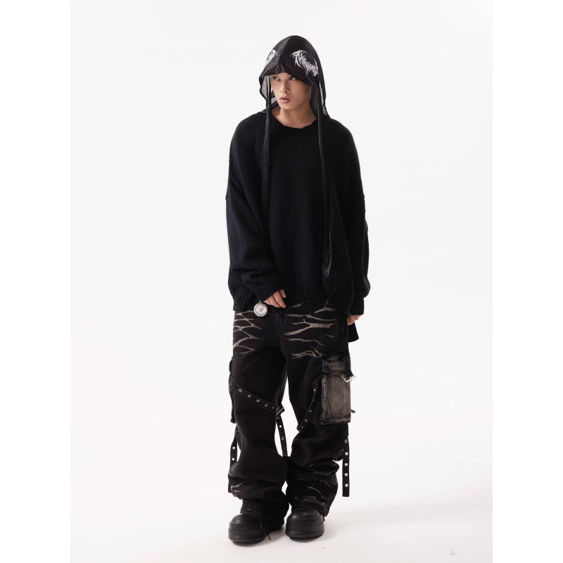 Pantalones cargo rectos holgados y resistentes con múltiples bolsillos, con cordones y diseño retro ondulado para hombre_voghion.com