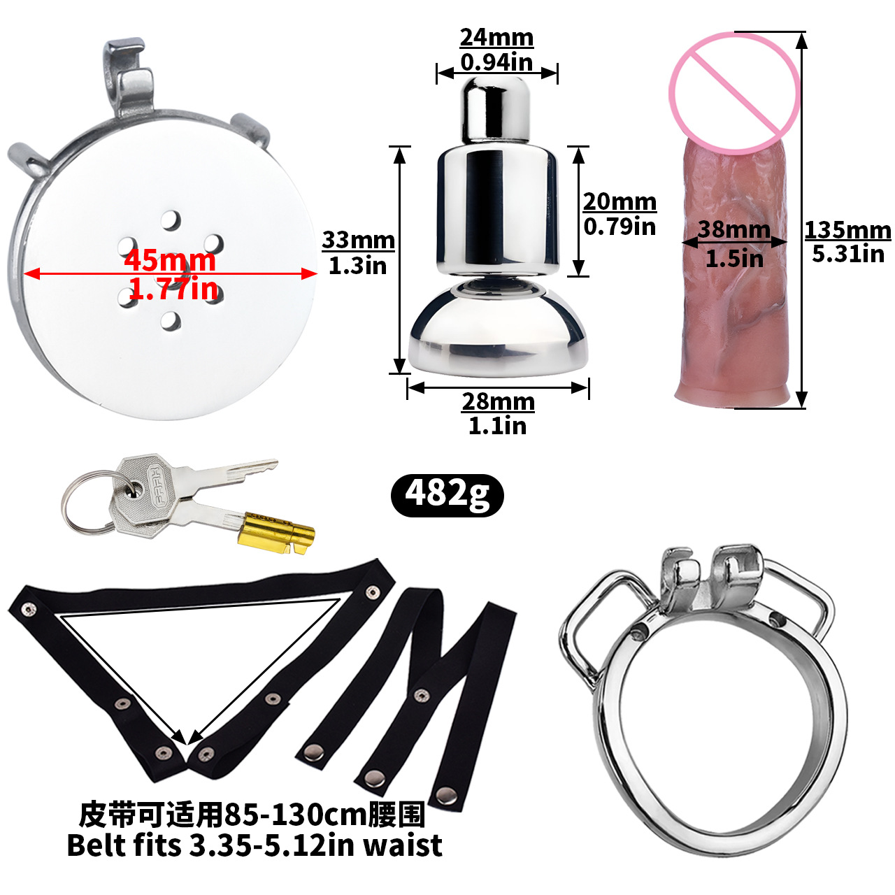 [3176a] k-04a 40mm arc ring + urine support base + m size penis + pu-5 black elastic belt