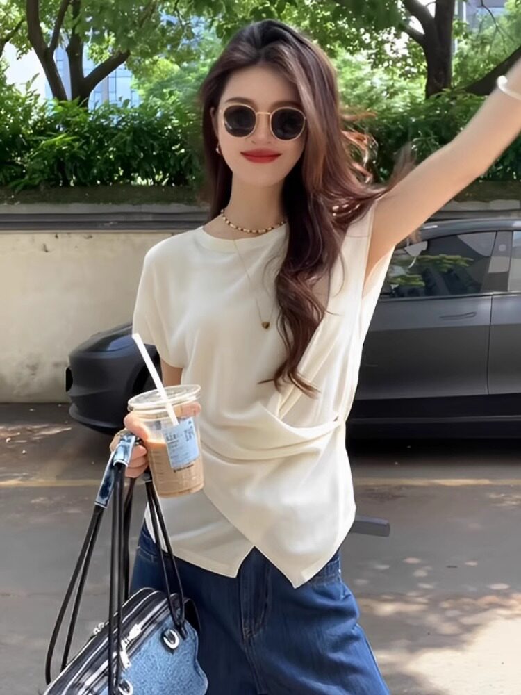 Áo thun nữ tay ngắn cổ tròn chất liệu sợi mát phối quai chéo bất đối xứng — sọc đen