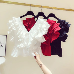 Summer French Retro Style Shirt for Women, Short Sleeve Red Top, Short High Waist Petite Ruffled V-Neck