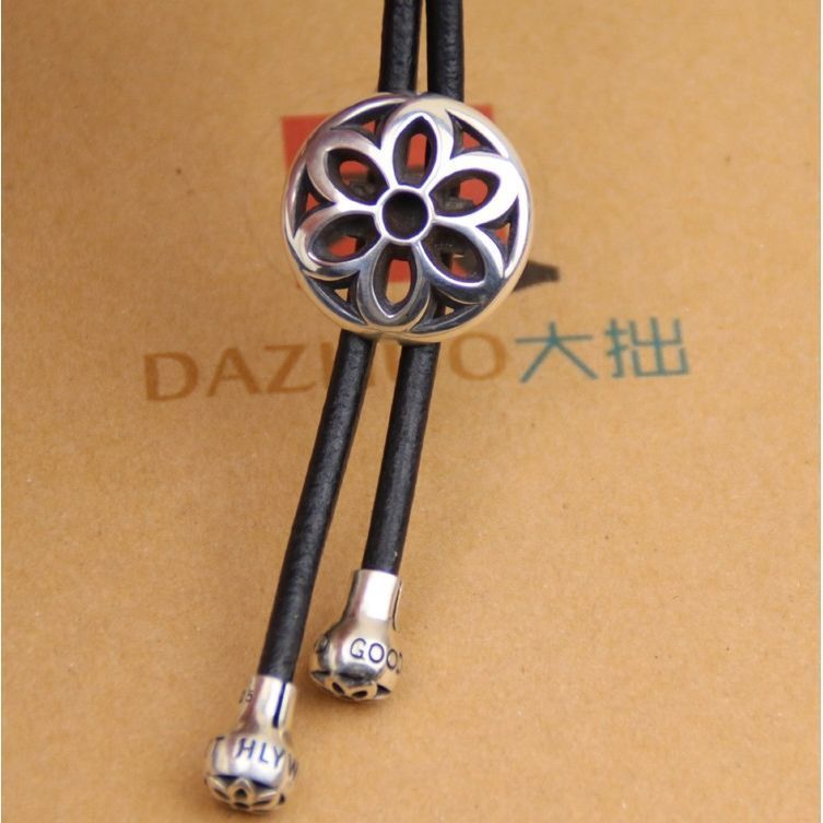 좋은 예술 큰 벚꽃 폴로 나비 넥타이 가죽 코드 넥타이 925 스털링 실버 좋은 예술 펜던트 목걸이