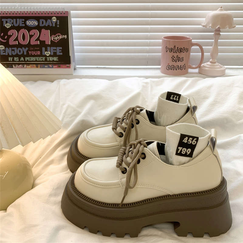 Thick-soled heightening lace-up round toe small leather shoes women's 2025 spring new all-match retro British style ins trendy cool