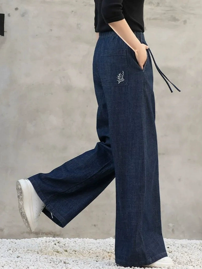 Retro colored trousers, thin loose straight jeans, high waist, loose fit, elastic waist, drawstring
