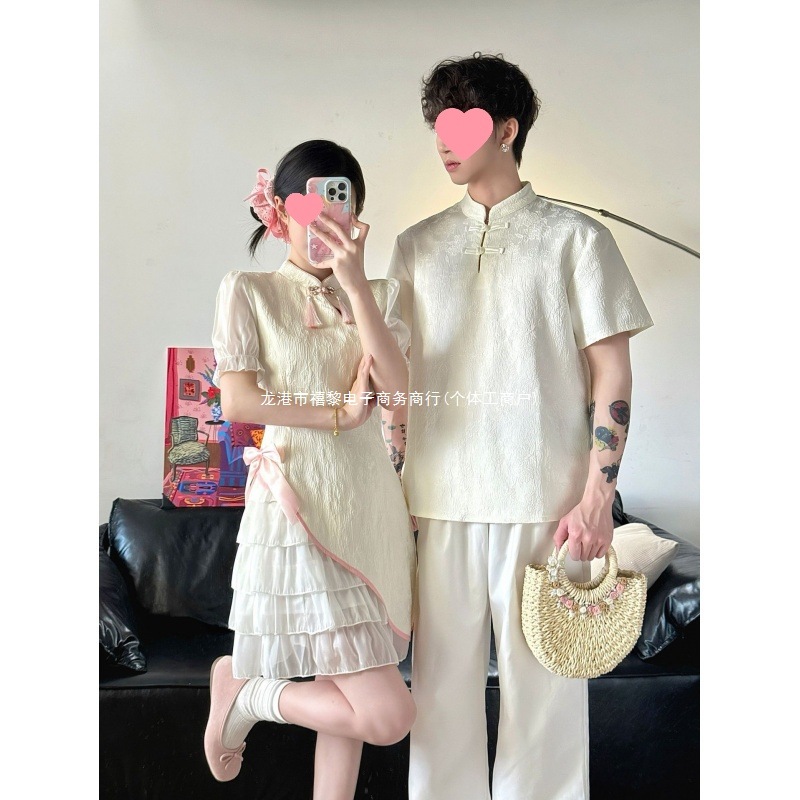 中式情侣装夏季国风复古一衣一裙改良收腰立领盘扣短款旗袍连衣裙