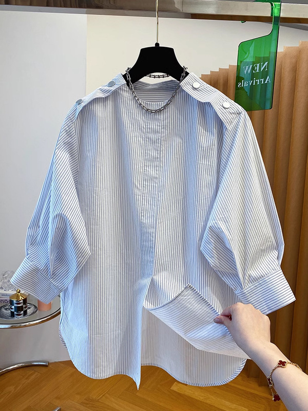 女性用ライトブルーストライプシャツ2025新しいルーズで多用途なラウンドネックルーズプルオーバーミッドスリーブ七分袖トップ|undefined