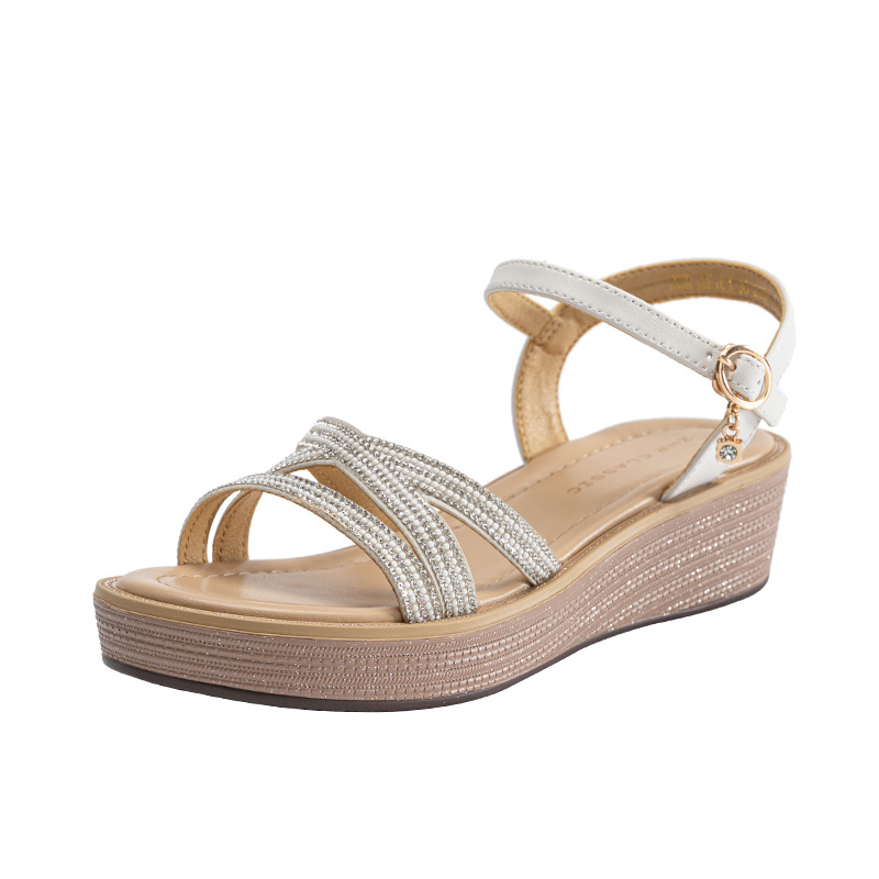 Sandal cao gót nữ đính đá phong cách La Mã, đế xuồng thoải mái — AY161 Trắng be