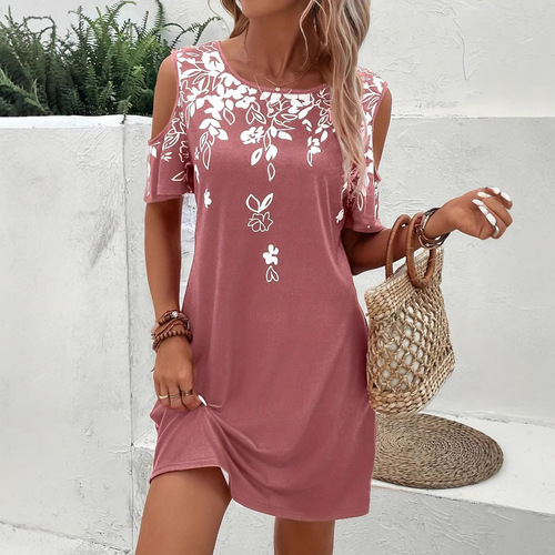 European and American women's short-sleeved minimalist off-shoulder dress, slimming and figure-flattering elegant skirt.