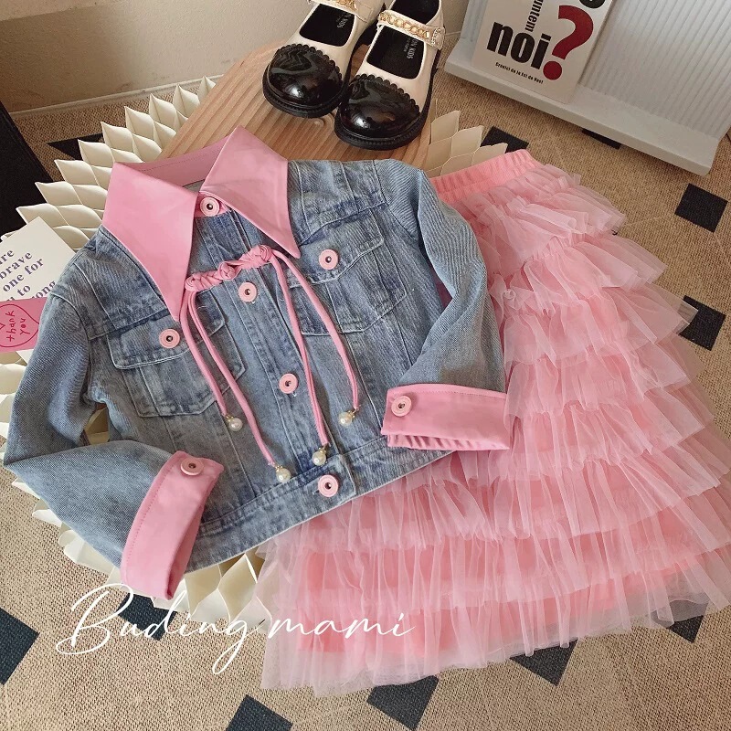 Girls' 2026 Spring and Autumn New Fashion Denim Jacket with Mesh Cake Skirt Two-Piece Set, Stylish Foreign Trade Children's Clothing Girls' 2026 Spring and Autumn New Fashion Denim Jacket with Mesh Cake Skirt Two-Piece Set, Stylish Foreign Trade Children's Clothing